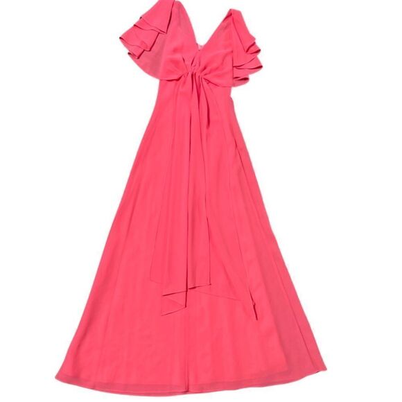 Stunning Vintage 50s / 60s Neon Coral Pink Flutter Sleeve Cape Maxi Formal Gown - Picture 4 of 6